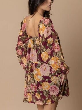 En Creme Boho Burgundy Floral Long-Sleeve Mini Dress